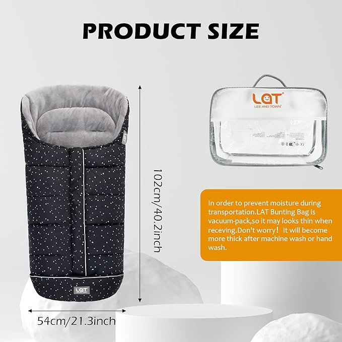 LAT Baby Warm Bunting Bag Universal,Stroller Sleeping Bag Cold Weather,Waterproof Toddler Footmuff(Basic,Black+White Stars)