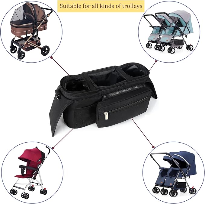 HOINCO Universal Baby Stroller Organizer，with Heightened Insulated Cup Holder,Detachable Phone Bag,Shoulder Strap and Mesh Bag，Fits Most Strollers.