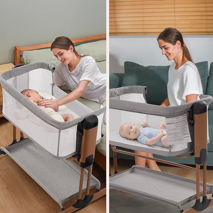 3 in 1 Baby Bassinet, Rocking Bassinets with Comfy Mattress and Wheels, Adjustable Height Bassinet Bedside Sleeper, Easy Folding Portable Crib for Newborn (Grey)