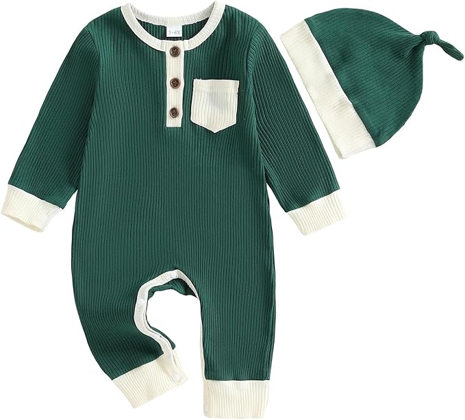 fhutpw Newborn Baby Boy Clothes Ribbed Knit Bodysuit 3 6 Months Infant Fall Long Sleeve Splicing Color Romper Jumpsuit & Hat