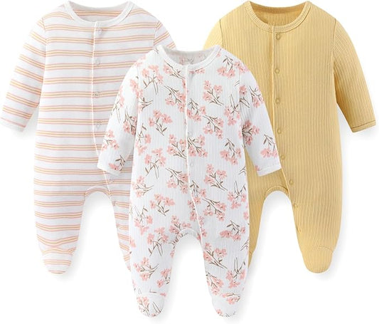 Unisex Baby Boy Girl Footies Rompers Cotton Long Sleeve 3 Pack Infant Jumpsuits 0-12Months Babies' Outfits