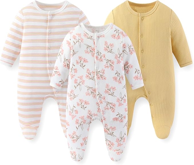 Unisex Baby Boy Girl Footies Rompers Cotton Long Sleeve 3 Pack Infant Jumpsuits 0-12Months Babies' Outfits