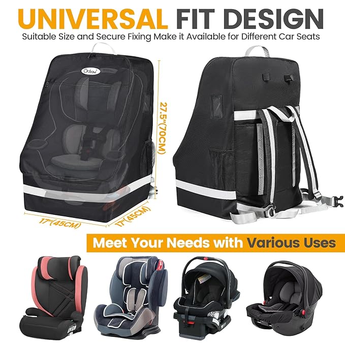 Orzbow Padded Car Seat Travel Bag for Airplane, Carseat Backpack Bags with Reflective Stripes, Infant Seat Travel Bag with Shoulder & Waist Strap, Car Seats Carrier for Airport Gate Check, Black
