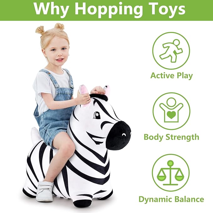 iPlay, iLearn Bouncy Pals Zebra Hopping Horse, Plush Inflatable Animal Hopper, Indoor n Outdoor Ride on Jumping Bounce Toys, Birthday Gift for 18 Months 2 3 4 5 Year Old Kids Toddlers Boys Girls