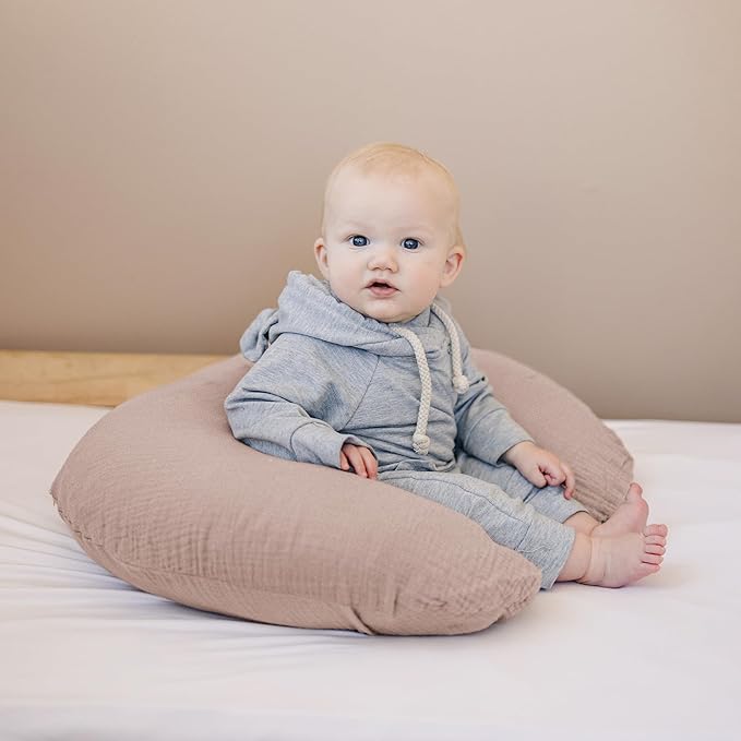 Konssy 2-Pack Muslin Nursing Pillow Covers, Soft & Adorable Nursing Covers for Breastfeeding Pillows, Slipcovers for Newborn Boys & Girls(Soft Blooms,Taupe)