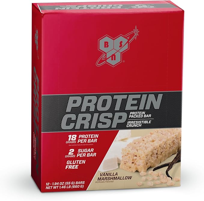 BSN Protein Bars - Protein Crisp Bar by Syntha-6, Whey Protein, 20g of Protein, Gluten Free, Low Sugar, Vanilla Marshmallow, 12 Count
