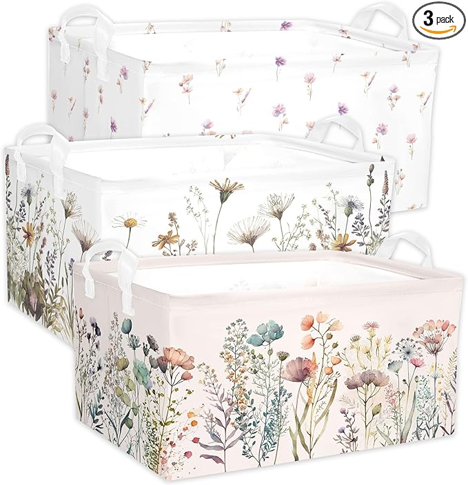 Wild Flowers Shelf Basket Floral Baby Shower Basket for Kids Girls Room Rectangle Clothes Toys Cube Storage Basket (Flowers)