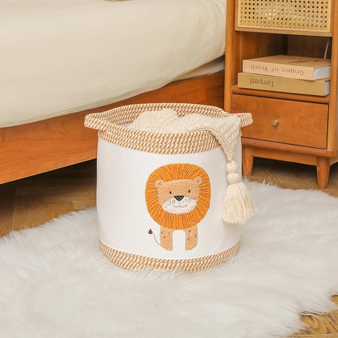 Baby Blanket Baskets Laundry Hamper Cute Lion Nursery Toy Storage Basket, Woven Cotton Rope Nursery Organization Bins For Girls Boys Kids Baby Shower Gifts Baskets