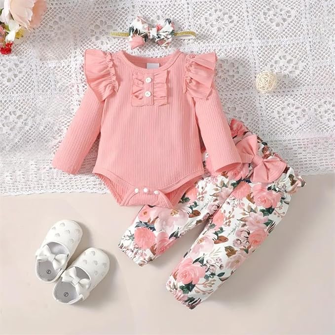 Newborn Baby Girl Clothes Infant Girl Outfits Long Sleeve Ruffle Romper + Floral Pants + Headband Set