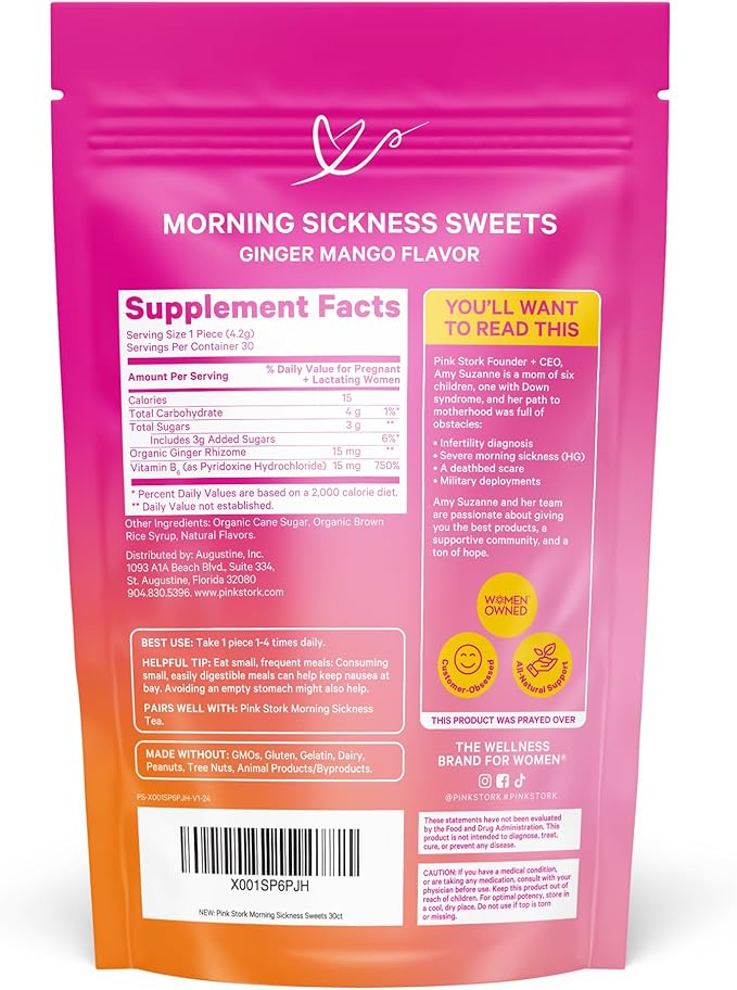 Pink Stork Morning Sickness Sweets, Organic Mango Ginger Candy with Vitamin B6 for Morning Sickness, Motion Sickness, Prenatal Heartburn - Pregnancy Must Haves - 30 Wrapped Drops