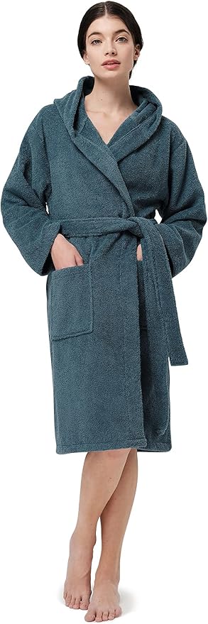 SIORO Womens Hooded Terry Cloth Robe, Cotton Absorbent Knee-Length Bathrobe, Housecoat with Pockets for Spa & Shower