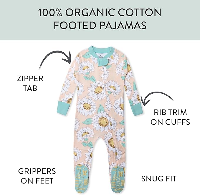 HonestBaby Non-Slip Footed Pajamas One-Piece Sleeper Zip-Front Pjs 100% Organic Cotton for Baby Girls