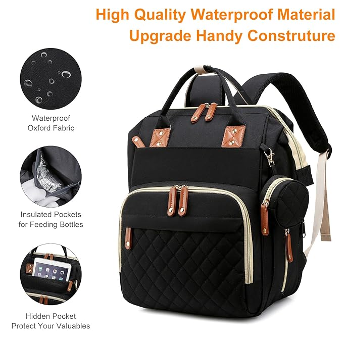 Diaper Bag with Changing Station, Waterproof Baby Bags for Boys & Girls, USB Charging Port for Parents, Must-Have Baby Essentials & Lovely Baby Shower Gifts, Black