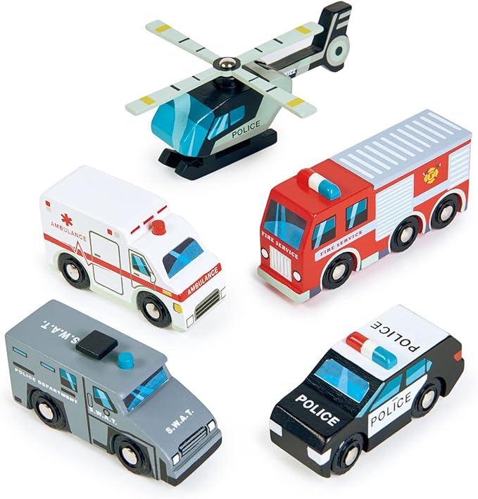 Tender Leaf Toys - Emergency Vehicles - 5 Wooden Rescue Vehicles with Moving Parts for Toddler Boys and Girls - Great Gift for Car Lovers - Educational Pretend Play Vehicles - Age 3+