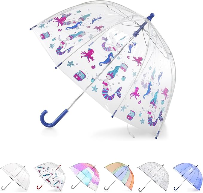 totes Kids Clear Bubble Umbrella with Dome Canopy, Lightweight Design, Wind and Rain Protection Umbrella, Ocean Princess, Kids - 38" Canopy