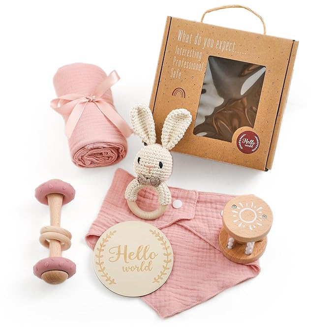 WOODEN TEETHER 6 pcs Baby Gift Set for Newborn Pink Baby Shower Gifts for Girls Baby Girl Gift Basket - Adorable & Safe Newborn Essentials