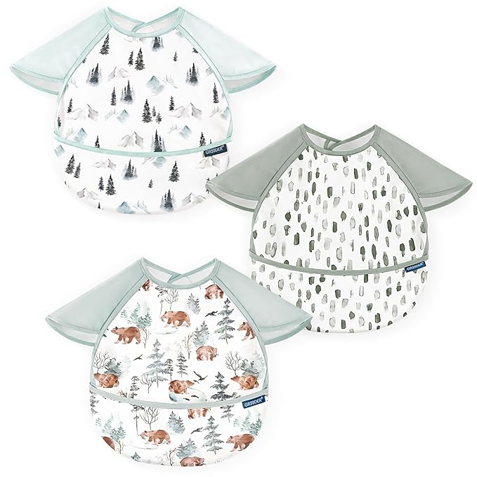 GRSSDER 3-pack Mess Proof Baby Feeding Bibs with Food Catcher Pocket, Soft Lightweight Waterproof Fabric Material with Zero Plastic-like Feel, Adjustable and Easy Clean Toddler Bibs for 6-36 Months