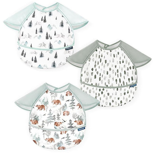 GRSSDER 3-pack Mess Proof Baby Feeding Bibs with Food Catcher Pocket, Soft Lightweight Waterproof Fabric Material with Zero Plastic-like Feel, Adjustable and Easy Clean Toddler Bibs for 6-36 Months