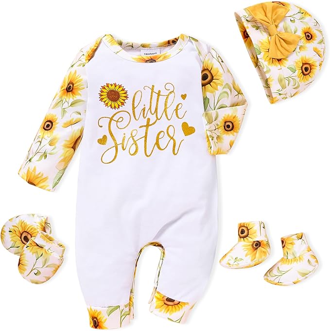 Sinhoon Newborn Baby Girl Romper Infant Letter Print Bodysuit Jumpsuit+Hat+Gloves+Socks 4Pcs Coming Home Clothes Outfit