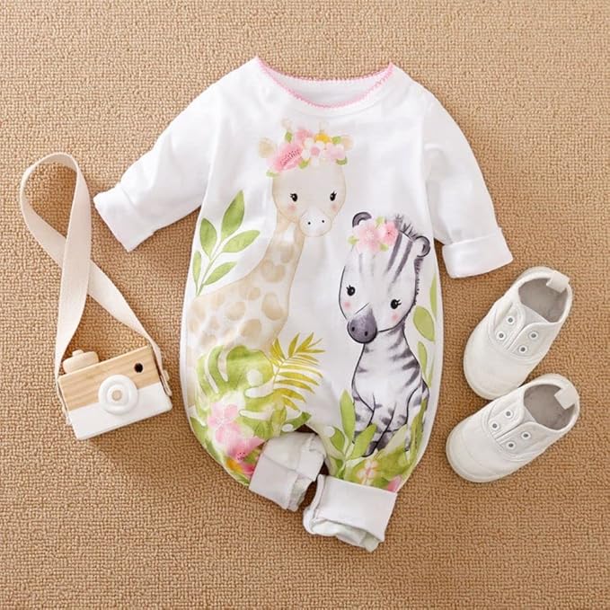 Cute Giraffe + Zebra With Floral Print Long Sleeve Baby Girl Clothes White Jumpsuit For Baby One-Piece Romper
