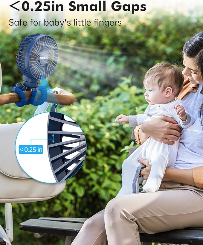 FRIZCOL Stroller Fan for Baby - Portable Fans Rechargeable - Battery Operated Fan(Use for 24Hrs) - Fan for Handheld/Clip On/Car Seat/Desk/Camping (Dark Blue)