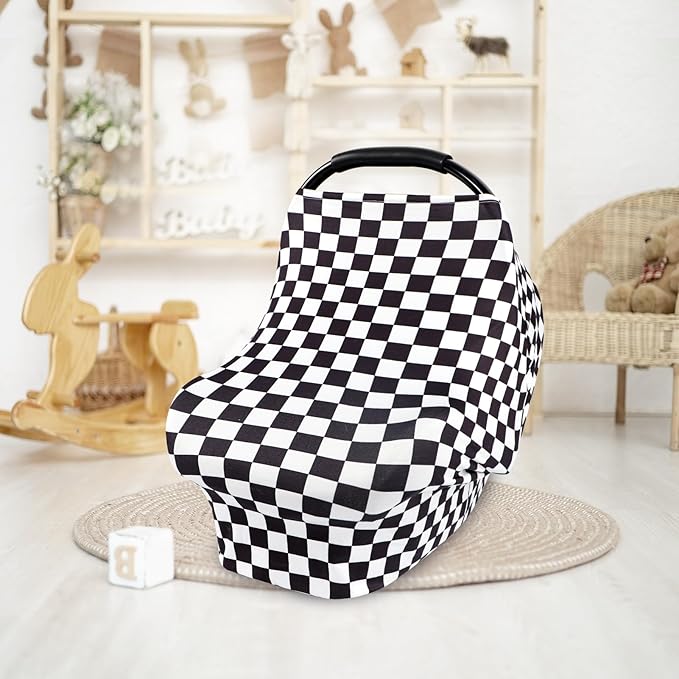 TANOFAR Car Seat Cover for Baby, Multi-Use Cover Carseat Canopy, High Stretchy & Breathable Infant Carseat Cover, Shower Gifts for Unisex Boys and Girls (Black Checkered)