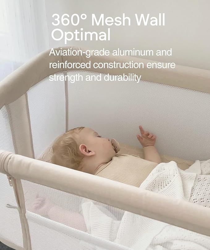 Fodoss Baby Bassinets Bedside Sleeper - All Mesh Bedside Bassinet with Wheels, 7 Height Adjustable Baby Bassinet for Infants, Beige