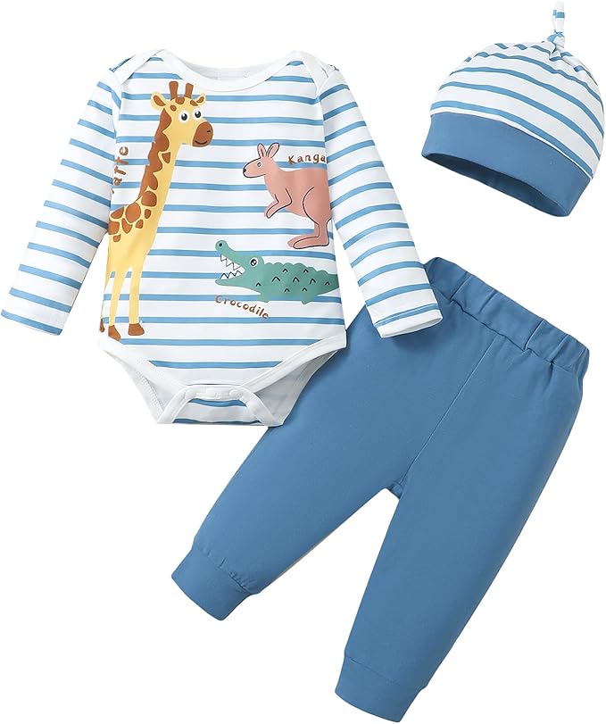 SUNNY PIGGY Baby Boy Clothes Newborn Infant Boys Outfits Romper Hat Pants 3PC Set 0-3 3-6 6-12 12-18 Month Clothing Gift