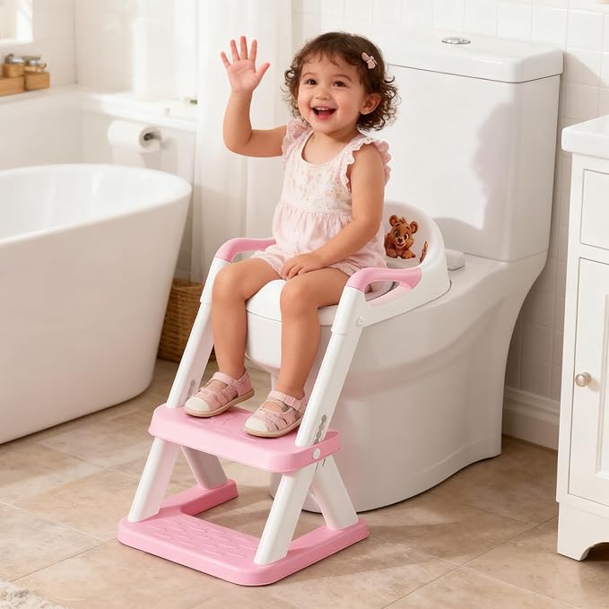 SKYROKU New Sector-Shape Stabilized Base 2-in-1 Toddler Toilet Seat, Potty Training Toilet with Splash Guard, Anti-Slip Pad, and Step Stool (Dark Blue) (8868-Pink)