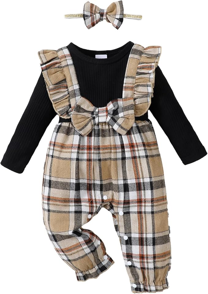 Newborn Infant Baby Girl Clothes Fall Winter Plaid Long Sleeve Jumpsuit One Piece Romper Bodysuit Baby Overalls Outfits