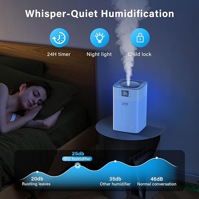 JRD 4L Humidifiers for Bedroom, Cool Mist Humidifier for Large Room, 40H Runtime, 24H Timer, 10 Mist Levels, 360° Nozzle, Night Light for Home, Office, Baby Nursery, Plants（Grey）