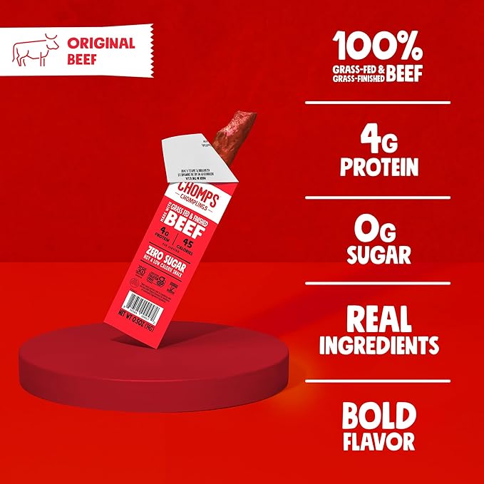 Chomps Snack Size Grass-Fed Original Beef Jerky Snack Sticks 0.5oz 24-Pack - Keto, Paleo, Whole30, 4g Lean Meat Protein, Gluten-Free, Zero Sugar Food, Non-GMO Chomplings