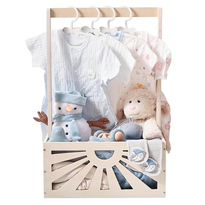 Wooden Baby Shower Crate Closet, Baby Basket with Adjustable Handle, Baby Clothing Rack，Storage Crate Hamper, Baby Shower Wooden Gift Crate, Baby Personailzed Basket for Pregnancy New Parent