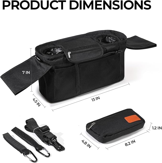 Universal Stroller Organizer with Insulated Cup Holder & Detachable Wristlet Large Capacity Baby Stroller Bag Organizer for Mom, Baby Jogger, Uppababy, Britax, BOB, Umbrella & Pet Strollers(Black)