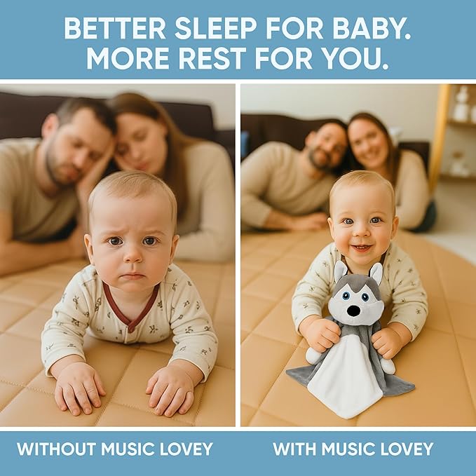 Love By Emi Baby Music Lovey Grey & White Husky, Baby Sleep Soother for Crib & Cuddle Bedtime, White Noise with Heartbeat & Lullaby, Plush Sound Toy, Stuffed Animal for Newborns, Infants & Toddlers
