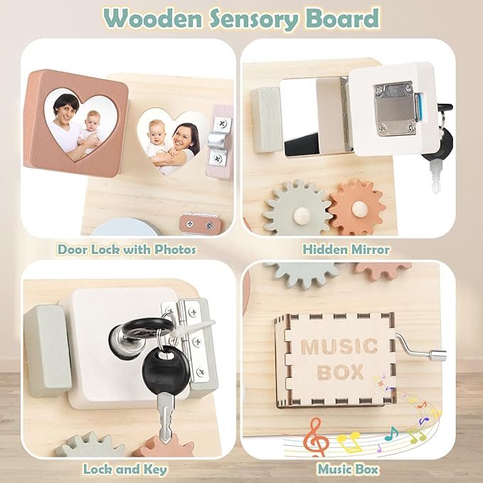 Joyreal Montessori Busy Board for Toddlers - Wooden Sensory Board Activity Board for Fine Motor Skills, Travel Baby Busy Board Sensory Toys for Kids