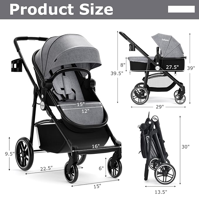 INFANS 2 in 1 Baby Stroller, High Landscape Infant Stroller & Reversible Bassinet Pram, Foldable Pushchair with Adjustable Canopy, Cup Holder, Storage Basket, Suspension Wheels (Grey)