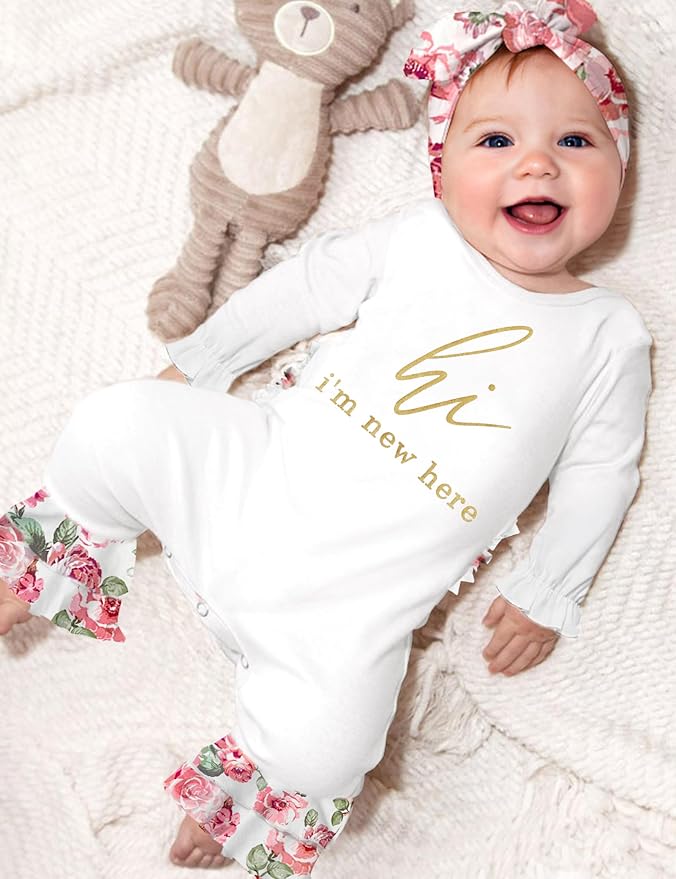 AGAPENG Newborn Girl Clothes Ruffle Letter Print Romper Infant Bell Bottom Jumpsuit Boho Baby Girl Clothes with Headband Hat