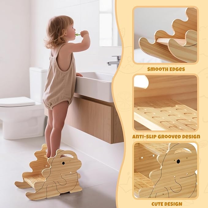 COSYLAND 2 Step Stool for Kids – Height Adjustable Non-Slip Toddler Stepping Stool for Bathroom Sink & Potty Training - Stable Dinosaur Shaped Kids Stool for Kitchen, Bedroom & Home (Natural)