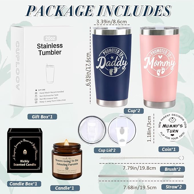 Pregnancy Gifts for New Parents, Mommy and Daddy 20Oz Tumbler Set, Cool Gifts Set Ideas for Couples,First Time Moms Dad to Be, New Parents on Mother's Day Father's Day Christmas Gift(Pink & Navy Blue)