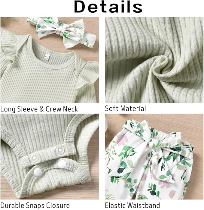 Aalizzwell Preemie Newborn Infant Baby Girls Clothes Ribbed Romper Bodysuit Pants Set Fall Winter Outfits