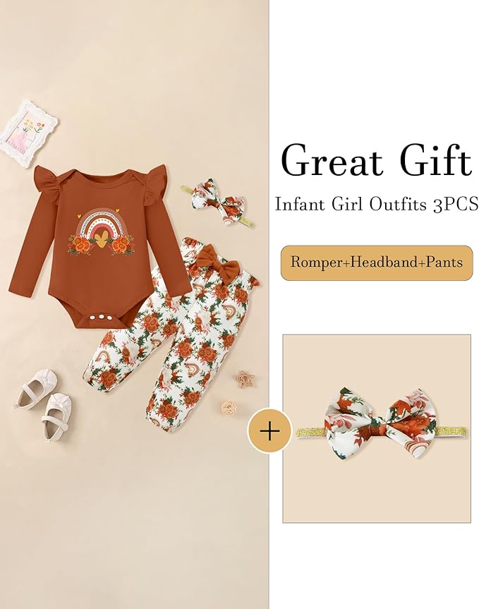 Baby Girl Clothes Newborn Infant Cotton Ruffle Romper+ Floral Pants + Headband Sets Fall Winter Outfits