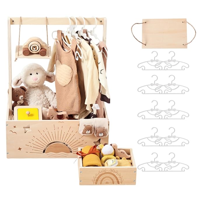 Wooden Baby Shower Crate Closet Set with 10 Hangers, Baby Clothing Rack,Shower Party Basket with Handle and Swing, Large Capacity Baby Storage Crate, Newborn Baby Gifts Basket for New Parent ( 2 PCS)