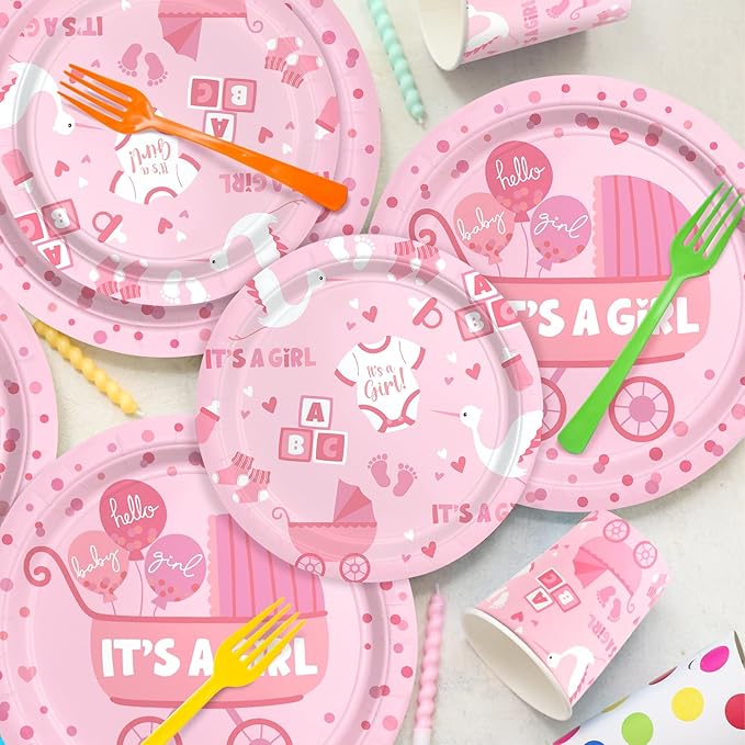 Baby Girl Shower Decorations for 24 Guests - It’s A Girl Decorations Kit Including Disposable Plates, Napkins, Cups, Tablecloth & Banner for Baby Shower Decorations Girl
