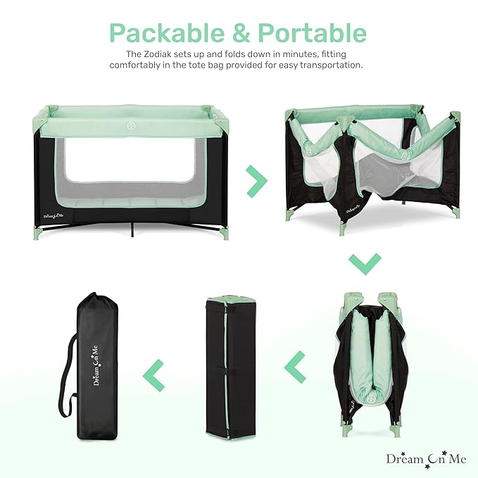 Dream On Me Zodiak Portable Playard in Mint, Lightweight, Packable and Easy Setup Baby Playard, Breathable Mesh Sides and Soft Fabric - Comes with a Removable Padded Mat