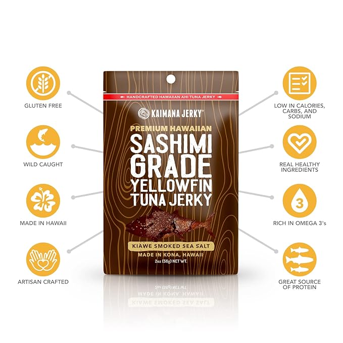 Kaimana Ahi Tuna Jerky Kiawe Smoked Sea Salt 2 Ounce - Soft and Tasty - Premium Fish Jerky Made in the USA. High in Omega 3's, All Natural and Wild Caught