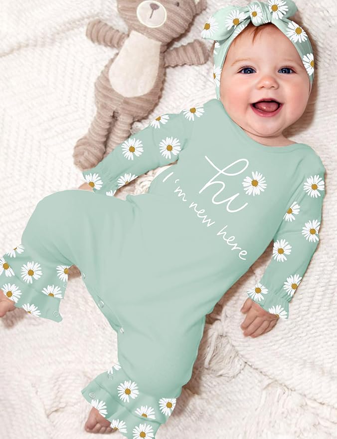 AGAPENG Newborn Girl Clothes Ruffle Letter Print Romper Infant Bell Bottom Jumpsuit Boho Baby Girl Clothes with Headband Hat