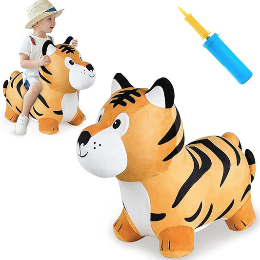 iPlay, iLearn Bouncy Pals Tiger Hopper Toy, Toddler Hopping Horse, Kid Plush Ride on Animal Bouncer W/Pump, Inflatable Bouncing Rider, Indoor Outdoor Jumping Birthday Gift 2 3 4 5 6 Year Old Boy Girl