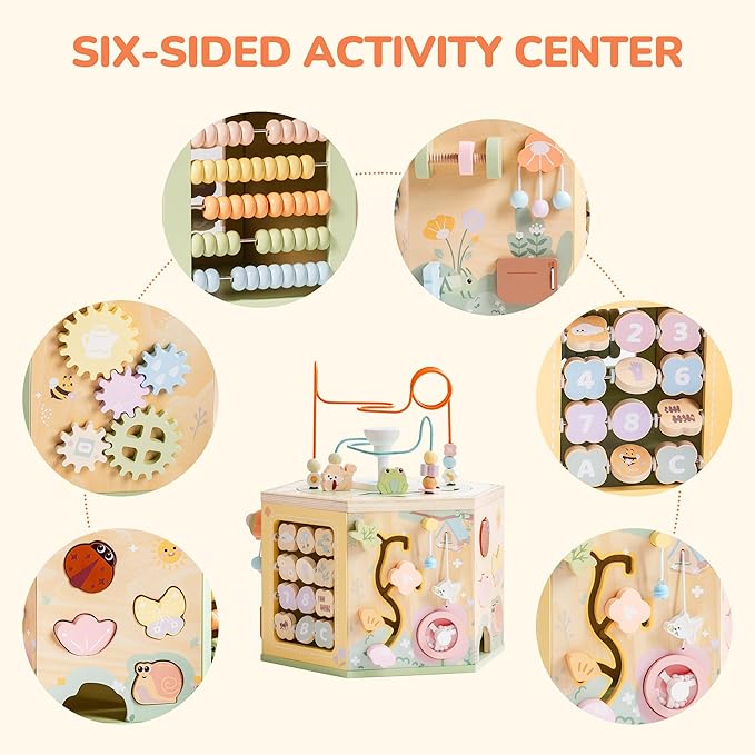 ROBUD 13-in-1 Wooden Activity Cube, Montessori Toys for 1+ Year Old Boys & Girls, Multipurpose Educational Sensory Toy for Toddlers, Educational Learning Toys, Fountain Garden Theme