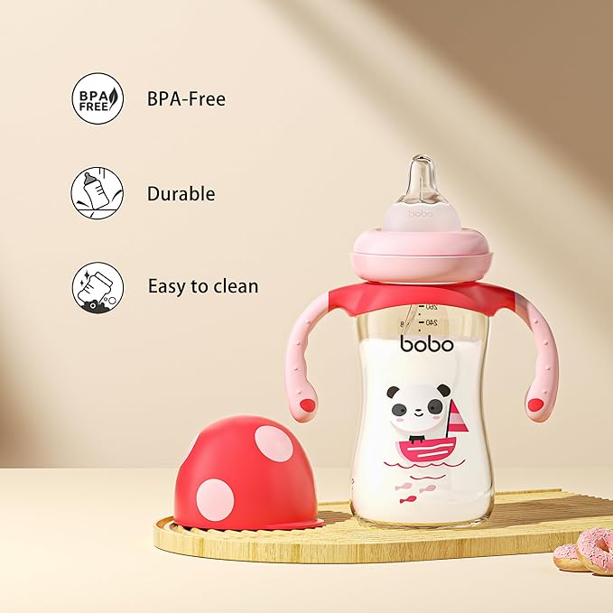 YOHKOH Natural PPSU Baby Bottle with Natural Response Nipple, Newborn Anti-Colic Baby Bottles with Handle, Wide Neck Mushroom Cap Baby Bottle (8.8oz (Pack of 2), Multicolour)